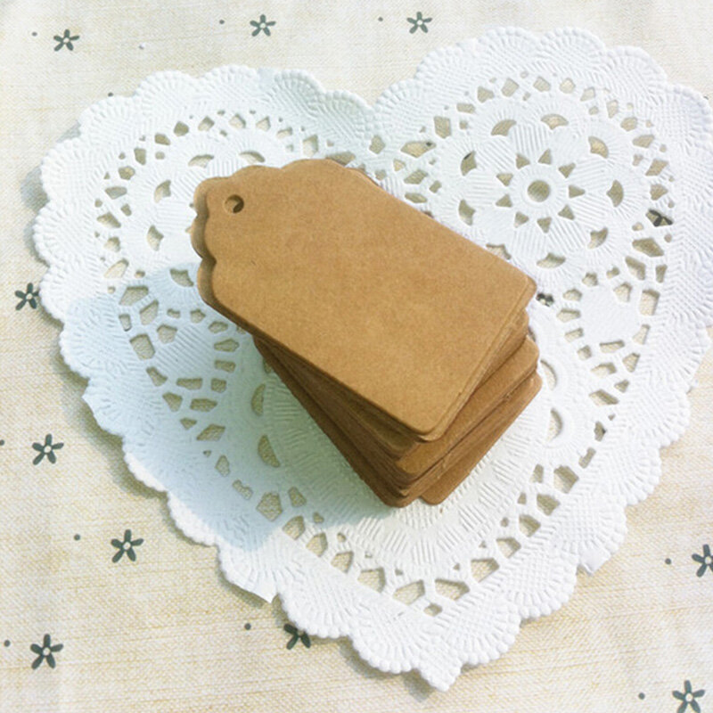 100Pcs 5x3cm Kraft Paper Tags Brown Lace Label Wedding Party Gift Label DIY Food Clothes Blank Price Name Hang Tag