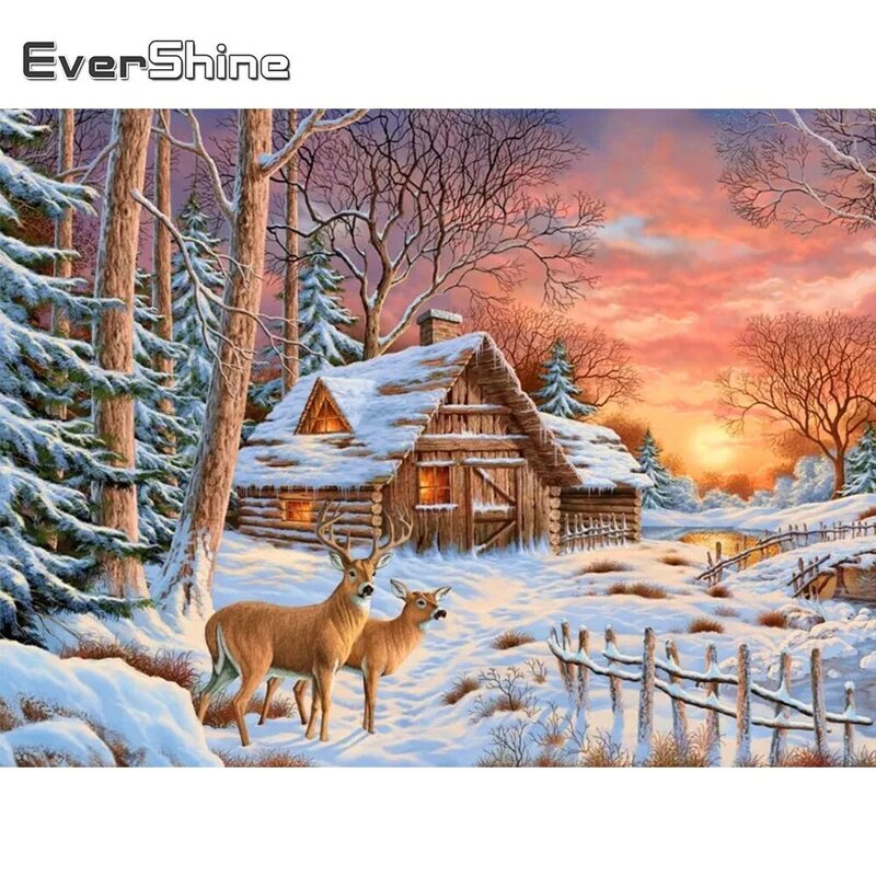 Evershine diamante bordado casa strass arte ponto cruz veados pintura diamante paisagem mosaico inverno artesanato