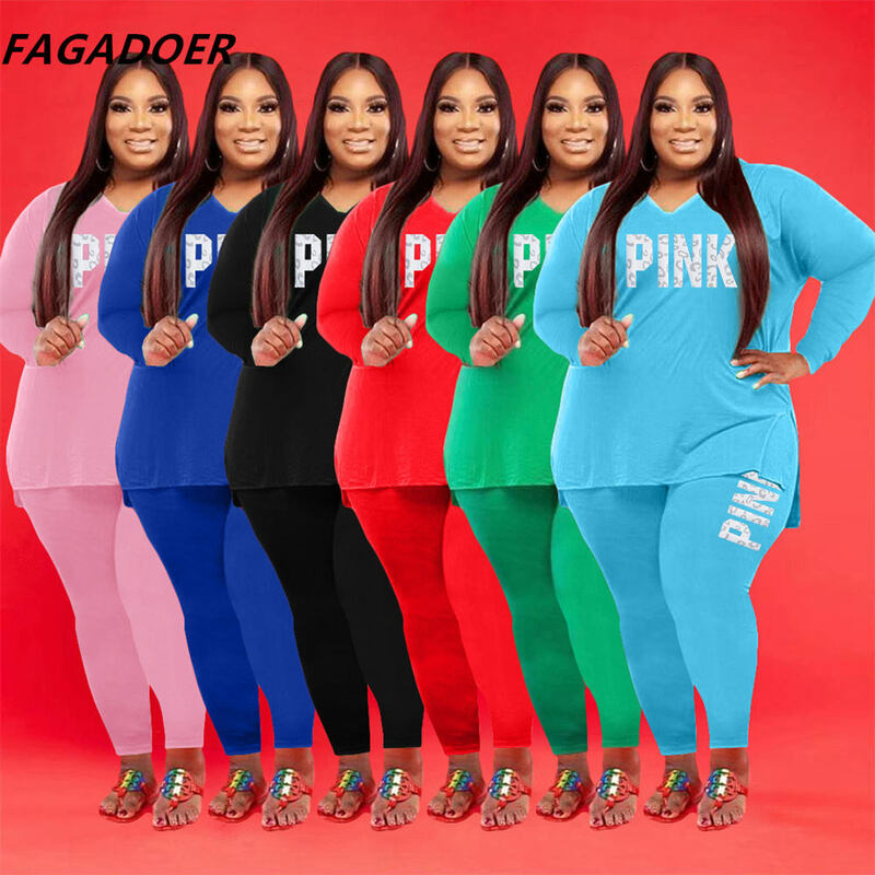 FAGADOER Plus rozmiar XL-5XL luźne zestawy dwuczęściowe kobiety różowy list drukuj z długim rękawem Tshirt + legginsy garnitury Casual dresy