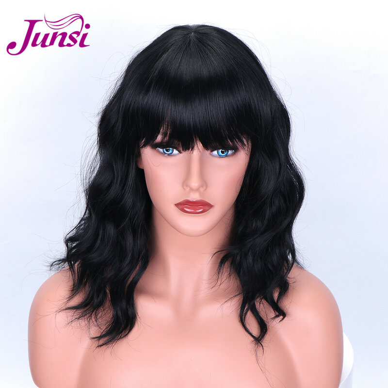 JUNSI Short Bob Wavy Synthetic Wigs with Bangs for Women Black Wig Daily High Resistant Fiber Hair