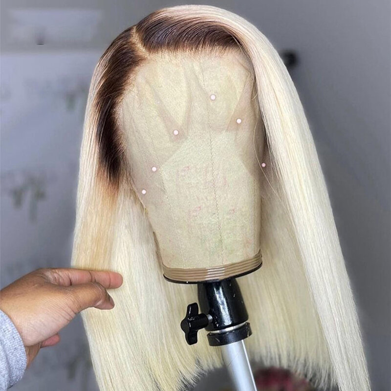 Perruque Bob Lace Front Wig synthétique lisse ombré blond 613, pre-plucked, cheveux de bébé mi-longs résistants à la chaleur pour femmes noires