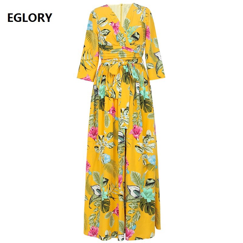 Plus größe Lange Kleid 2021 Frühling Sommer Böhmischen Frauen V-ausschnitt Charming Floral Print Belted Lange Hülse Beiläufige Lange Gelb Kleid