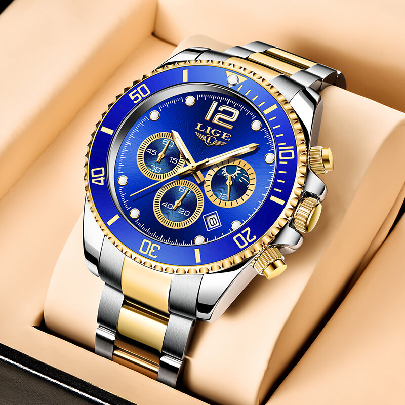 LIGE-Reloj de pulsera de cuarzo para hombre, accesorio Masculino de lujo, resistente al agua, con fecha, color dorado y azul
