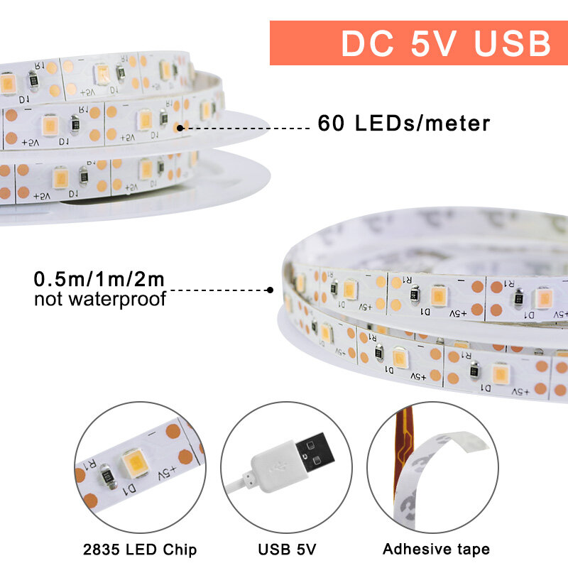 LED Grow Light LED Strip 1m2m 3m 4m 5m SMD Full Spectrum USB 5V2835 Chip LED Phyto Lamp For Greenhouse Hydroponic Plant Growing