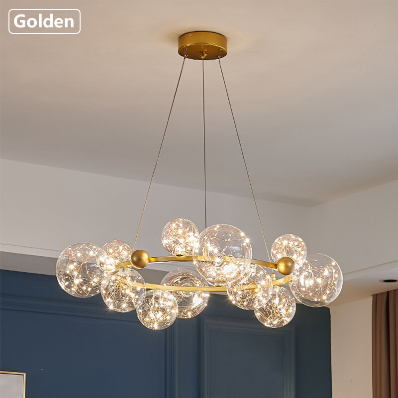 Modern Gold / Black Chandelier Glass Bubbles Metal Pendant Lighting LED Lamp Beads Star Light Fixture for Living room Bedroom