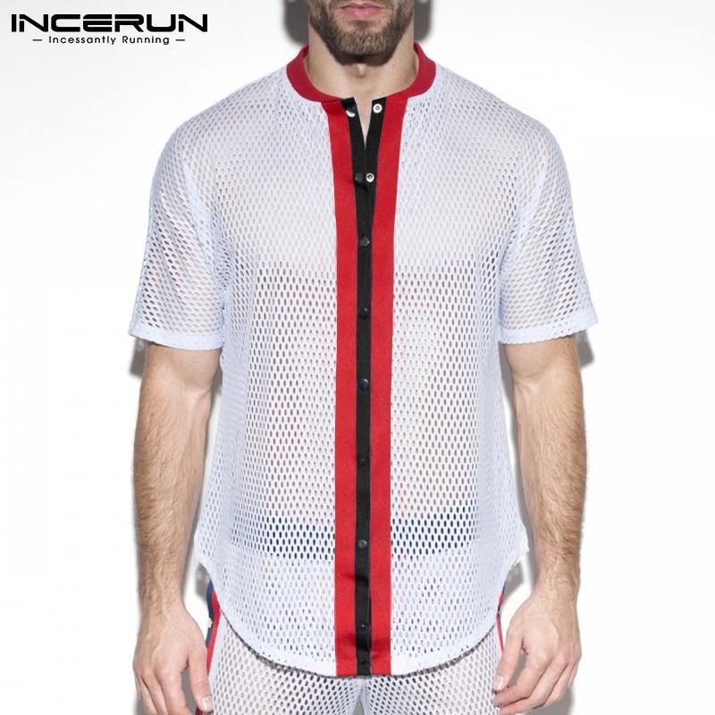 INCERUN 탑스 2021 신사용 블라우스 캐주얼 스트리트웨어 스트라이프 캐미 세 타스 메쉬 라운드 넥 편안한 버튼 패션 셔츠 S-5XL