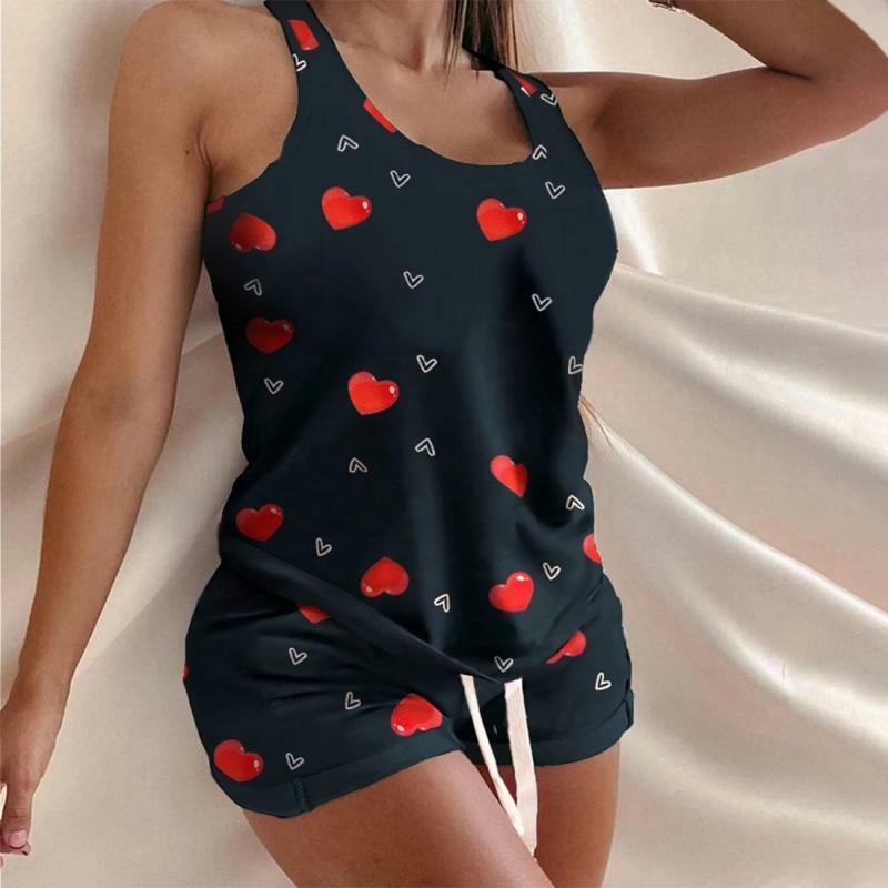 Summer New Pajamas Set Women Sleep Wear Patchwork Print Sleeveless Top Shorts Suit Two Piece Nightgown Homewear Home Clothes