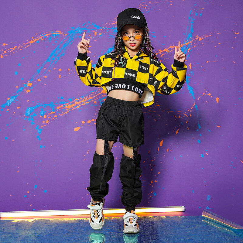 Pakaian Anak Hip Hop Kotak-kotak Hoodie Sweatshirt Crop Top Lengan Panjang Streetwear Lubang Jogger Celana untuk Anak Perempuan Kostum Tari Jazz