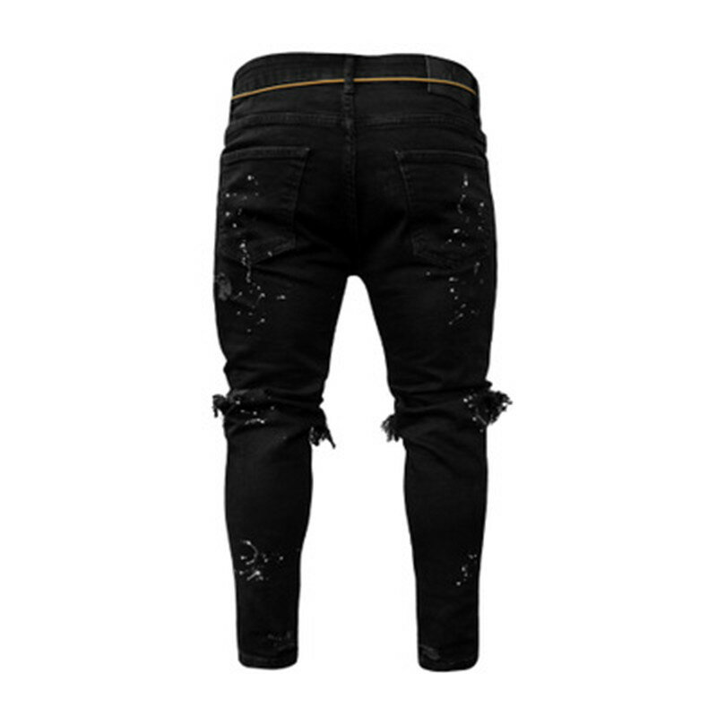 ผู้ชาย Sweatpants เซ็กซี่ Hole กางเกงยีนส์กางเกงสบายๆฤดูใบไม้ร่วงชาย Ripped Skinny กางเกง Slim Biker Outwears กางเกง