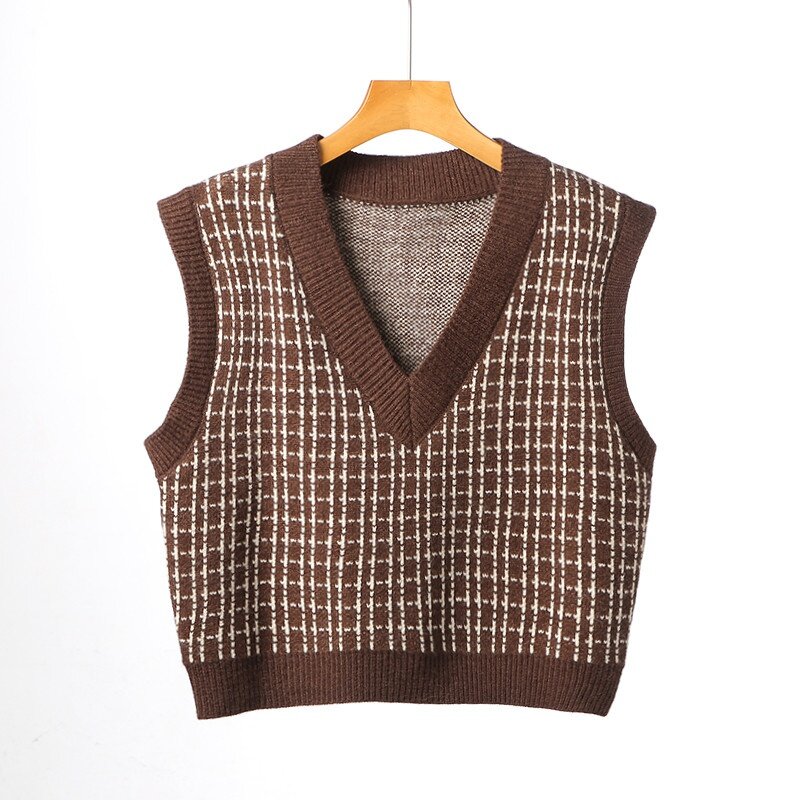 Women Knitted Plaid Sleeveless Vest Sweater Autumn V-neck Check Female Pullover Spring Casual All-match Ladies Sweaters