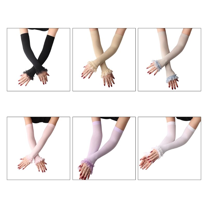 Women UV Protection Fingerless Gloves Ruffles Mesh Patchwork Arm Warmer Sleeves 