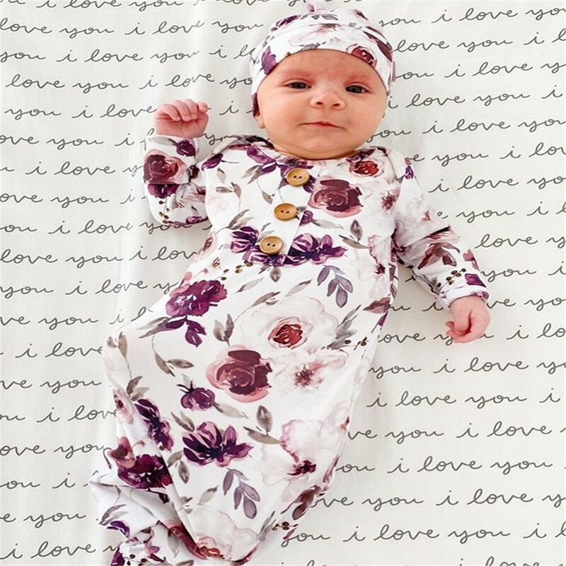 Saco de dormir para recién nacidos, saco de dormir de manga larga con cuello redondo y estampado Floral + sombrero de 0 a 6M, otoño y primavera, 2020