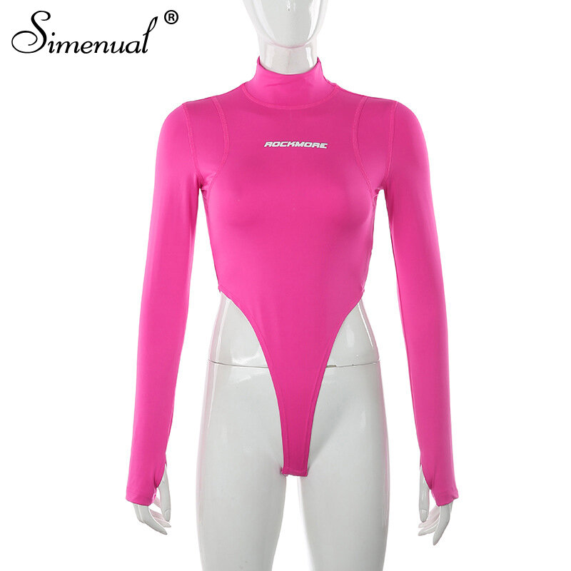 Simenual Sexy Bodycon Letter Print Bodysuits Women Long Sleeve Fashion 2021 Pink Romper One Piece Skinny Hot Turtleneck Bodysuit