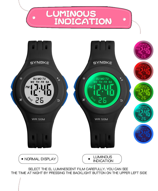 SYNOKE kinder Uhren 50M Wasserdicht Casual Sport Studenten Uhr LED Alarm Elektronische Uhr Kinder Digitale Uhr Uhren