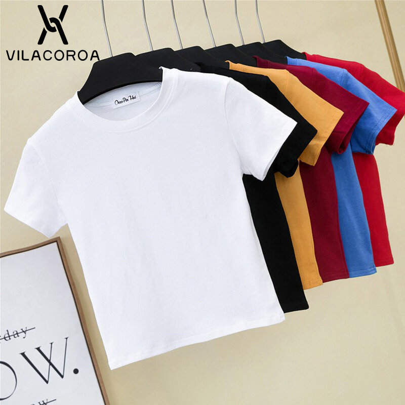 Top corto de algodón liso para mujer, camiseta de manga corta con cuello redondo, Camiseta deportiva ajustada de cintura alta, 2022