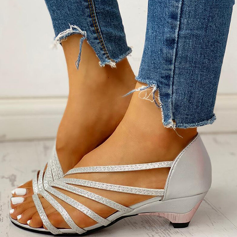  2020 New Wholesale Wedge Med Heel Sandals Leisure Bling Summer Slip on Gladiator Casual Women Shoes Woman