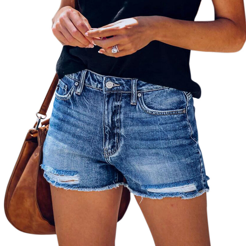 DIFIUPA Frauen Shorts Butt-Hebe Denim Shorts Hohe Stretch Ripped Fransen Mid-taille Booty Jeans mit Taschen Gemütliche jeans Kurze