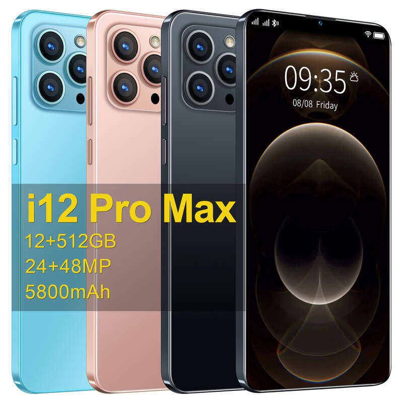 Ponsel Pintar I12 Pro Max 6.7 "Versi Global SIM Ganda Andriod10 RAM 12GB ROM 512GB Ponsel 32MP 5800Mah Deca Core