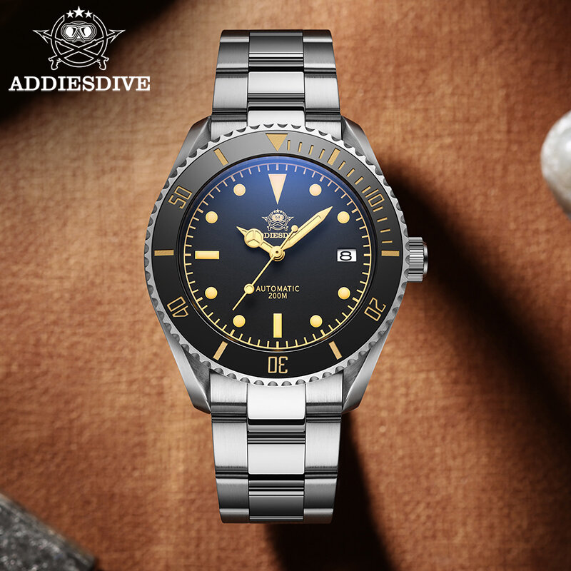 Addies mergulho nova chegada masculino retro relógio ad2101 pulseira de couro marrom aço inoxidável relógio luminoso dial nh35 200m relógios de mergulho