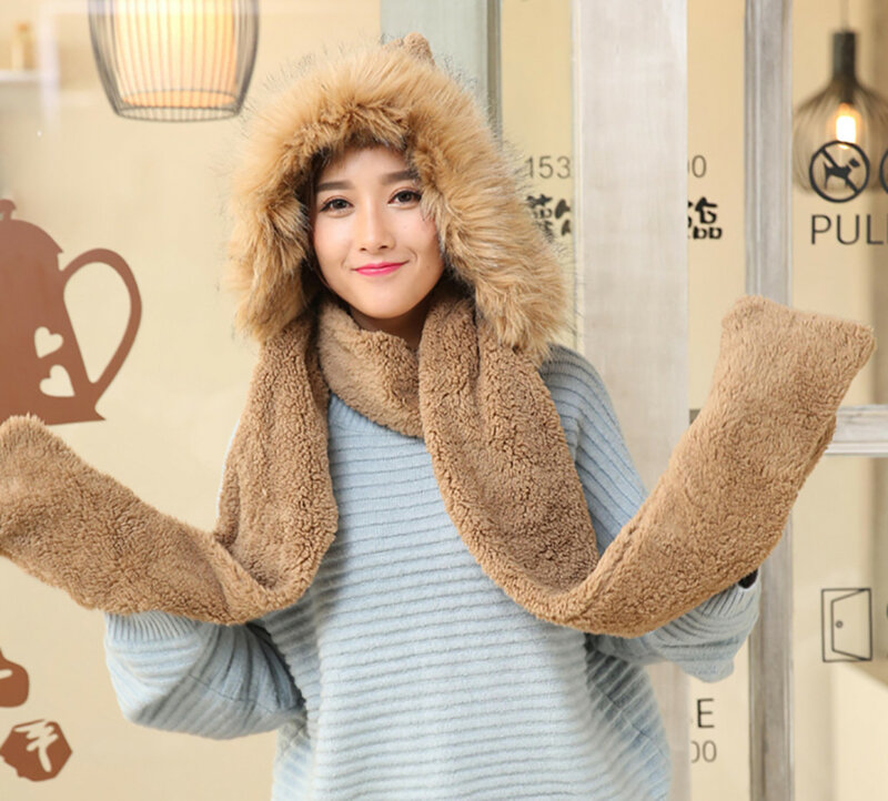 Chapeau d'hiver en laine Double épaisse pour femmes, gants écharpe chaude, trois pièces, Version coréenne, écharpe épaissie pour le cou, un ensemble