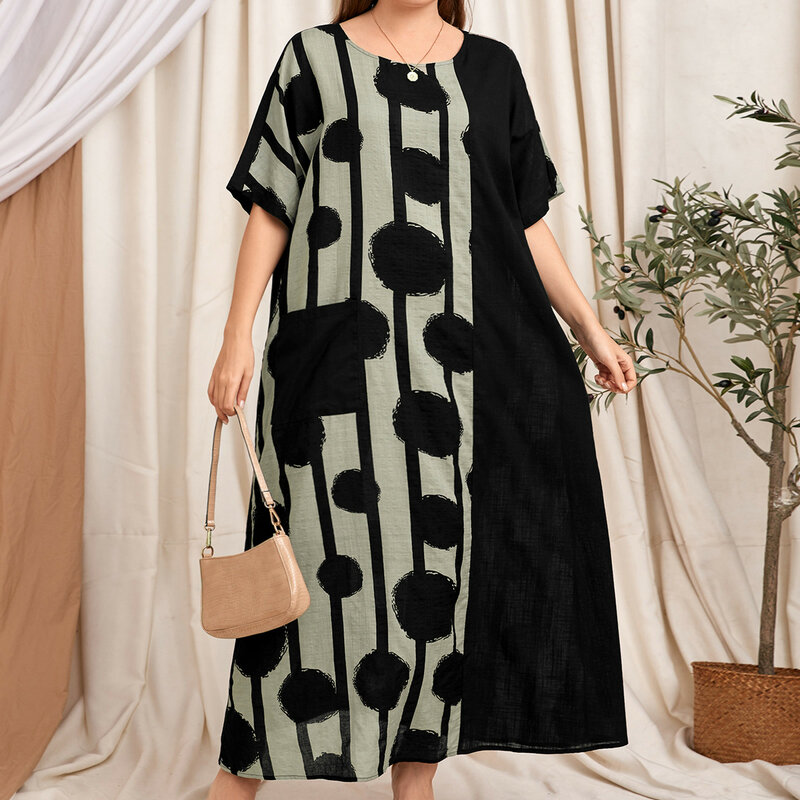 Robe longue décontractée à manches courtes et col rond pour femmes, tenue d'été imprimée de grande taille avec poche, nouvelle collection