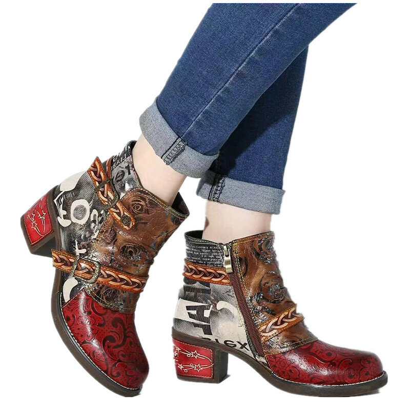 Stivali da Donna in Pelle Casual Scarpa Fibbia Cinturino Punta Tonda Tacco Basso Caviglia da Cowboy