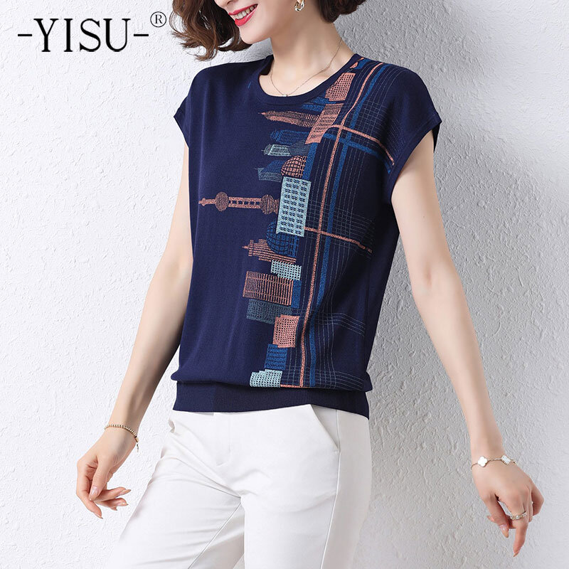 Yisu 2021新しい女性セーター夏印刷oネック半袖ルーズ夏トップス女性薄型カジュアルニットプルオーバー
