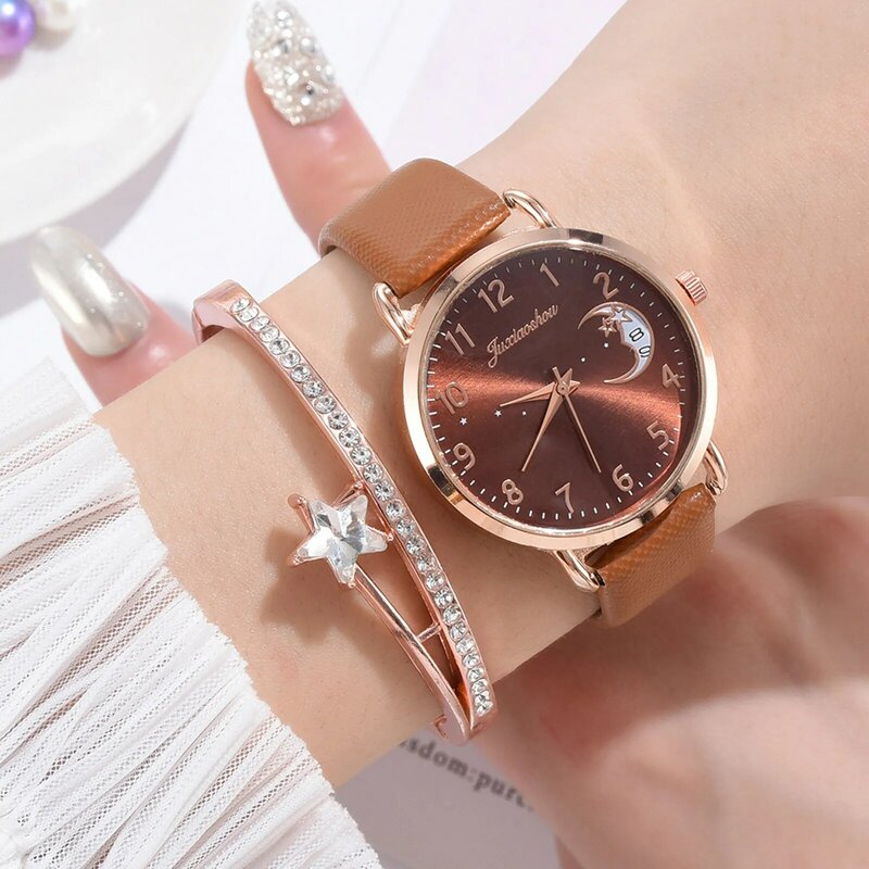 Quartz Watch Set New Fashion Women  Leather Band Strap Watches Ladies Stainless Steel Bracelet Set feminino montre reloj mujer
