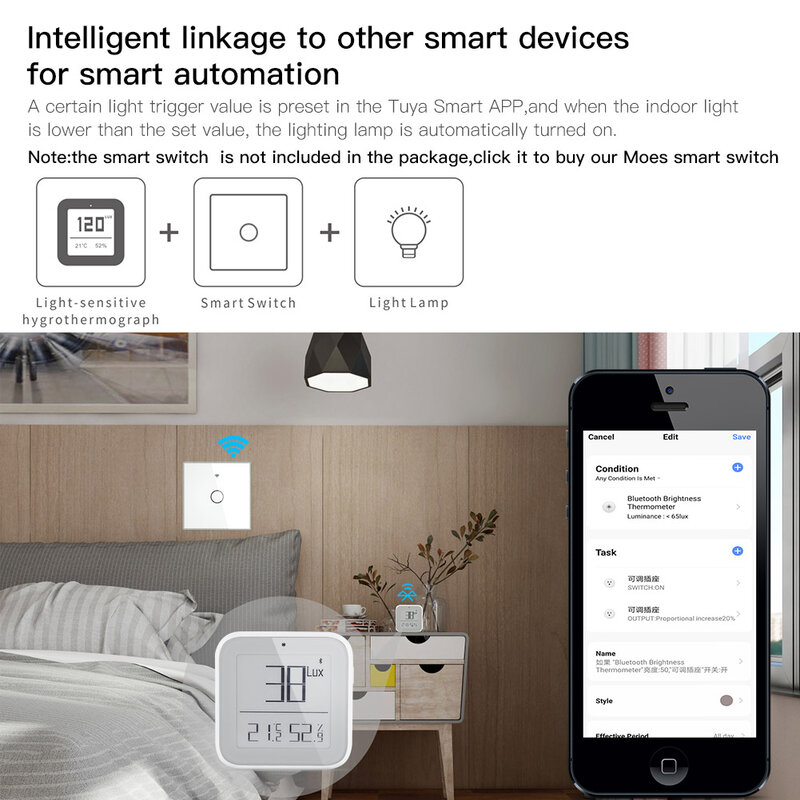 블루투스 스마트 밝기 온도계, 투야 스마트 앱으로 실시간 빛에 민감한 온도 및 습도 감지기 센서