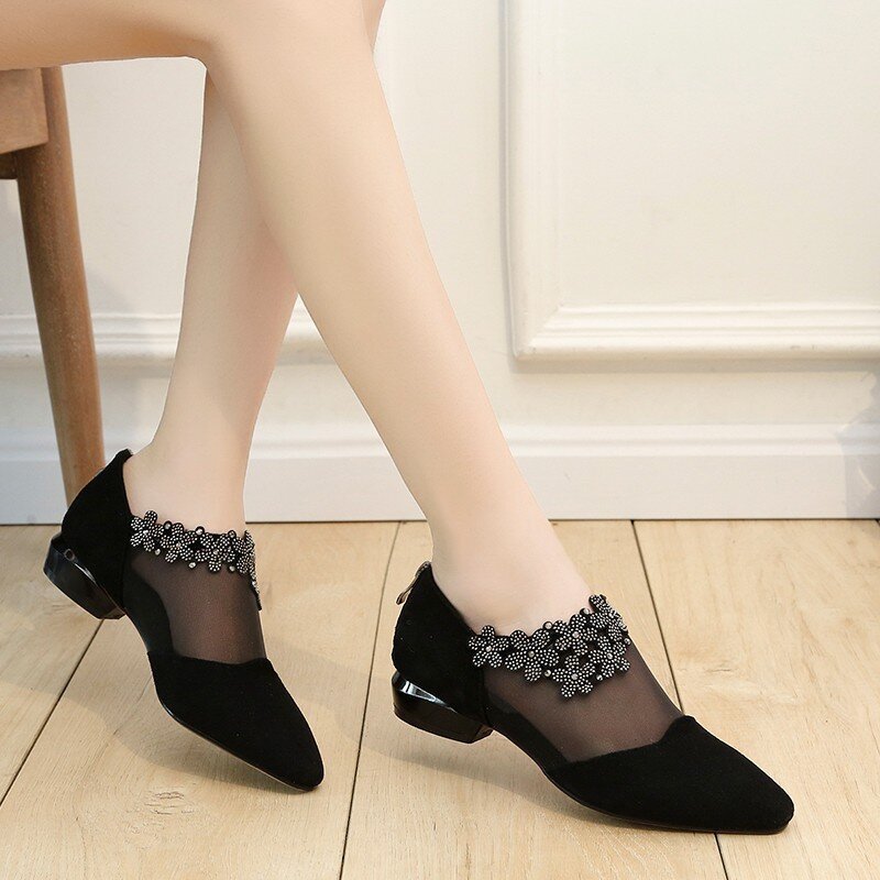 Sandalias con diamantes de imitación para Mujer, zapatos de tacón bajo con flores, de malla, talla grande, 2021