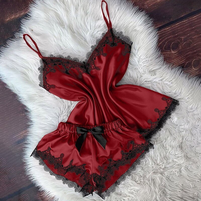 Laamei ลึก V เซ็กซี่ Floral Lace Patchwork ชุดชั้นในซาตินผ้าไหมผู้หญิงเซ็กซี่ชุดนอนชุดชั้นใน