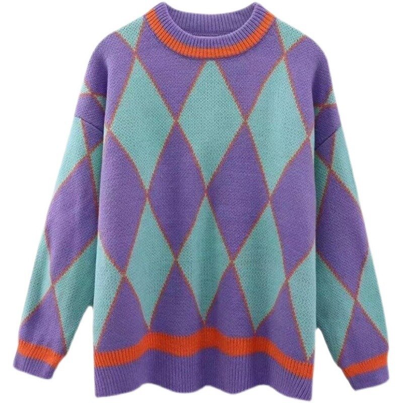 Женский пуловер в контрастную клетку, фиолетовый вязаный пуловер свободного покроя в стиле ретро, Осень-зима