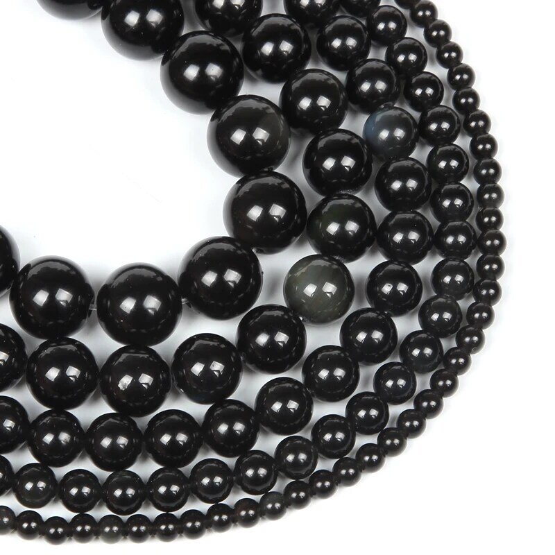 Grânulos de pedra natural liso obsidian preto redondo solto espaçador grânulo para fazer jóias diy charme pulseiras colar acessórios