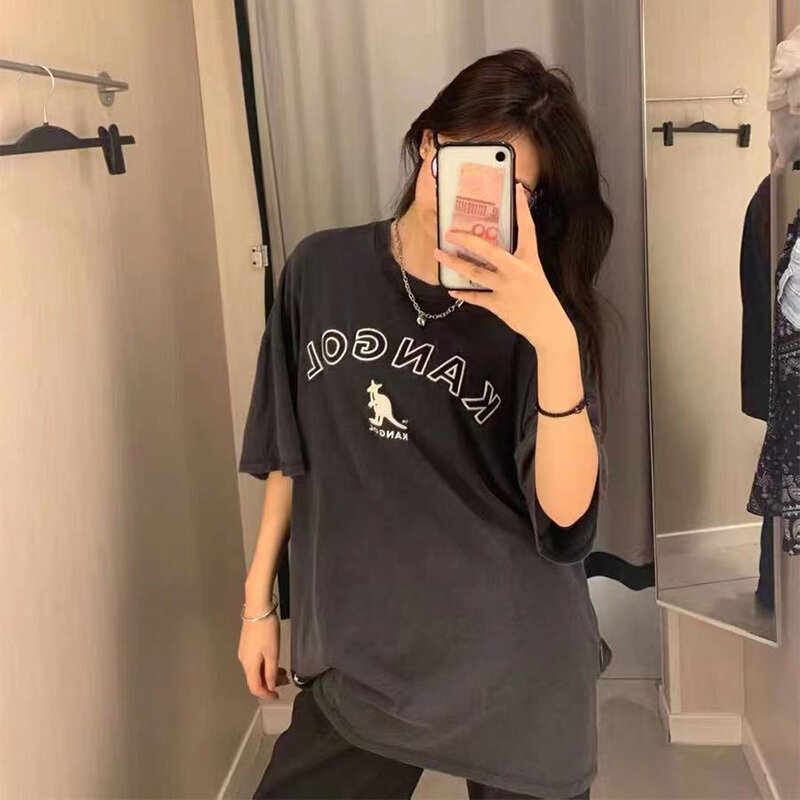 Camiseta de manga corta Kangol para mujer, camisa negra de algodón puro para amantes, 2021