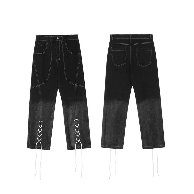 2021 New Arrival kostki sznurkiem stałe proste męskie dżinsy hip-hopowe spodnie Baggy Casual Vintage spodnie dżinsowe Pantalones Hombre