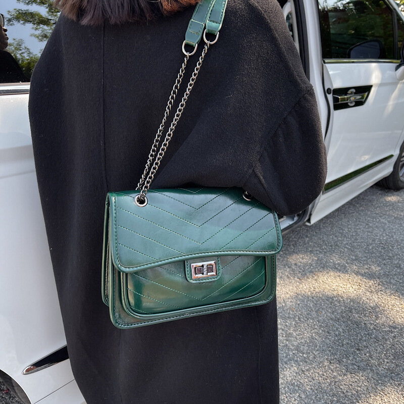 여성 솔리드 PU 가죽 어깨 가방에 대 한 새로운 패션 체인 Crossbody 가방 고품질 자 수 라인 작은 사각형 가방 핸드백