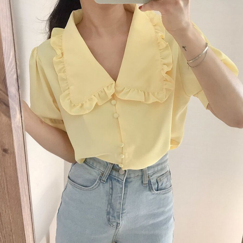 South Korea Chic Summer Gentle Huang Xian White Baby Collar Wood Ear Single Breasted Loose Short Sleeve Chiffon Shirt Girl