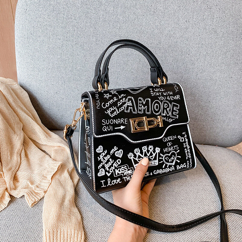 Модная черно-белая сумка-бокс из искусственной кожи с рисунком граффити в мультяшном стиле, Женская вечерняя сумка, сумка через плечо, сумка...