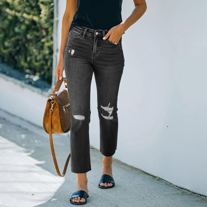 DIFIUPAI – pantalon crayon déchiré pour femme, taille mi-longue, Streetwear, noir/bleu