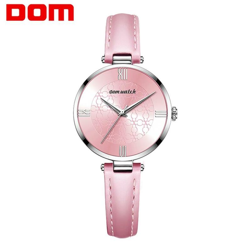 بساطتها لطيف النساء الساعات DOM العلامة التجارية سيدة ساعة كوارتز اليابان حركة الوردي السيدات فستان الفرقة فتاة ساعة هدية G-1294