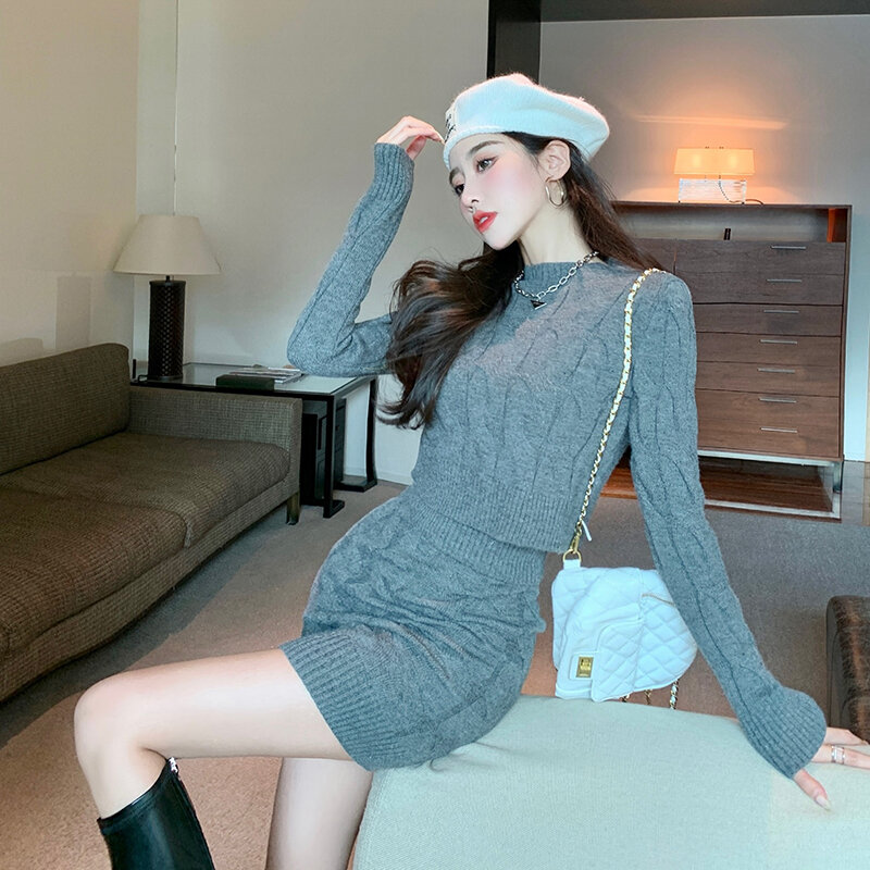 Temperamento coreano tricô terno feminino o pescoço torção camisola topo de colheita + cintura alta bodycon mini saia pista moda 2 peça conjuntos