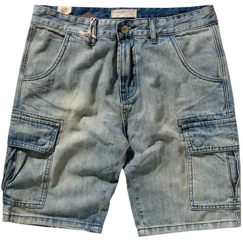 WF706 # صيف جديد الأمريكية الأدوات شورت جينز الرجال الموضة الرجعية الصناعة الثقيلة غسلها القديمة فضفاض عادية الدينيم 5 نقطة السراويل
