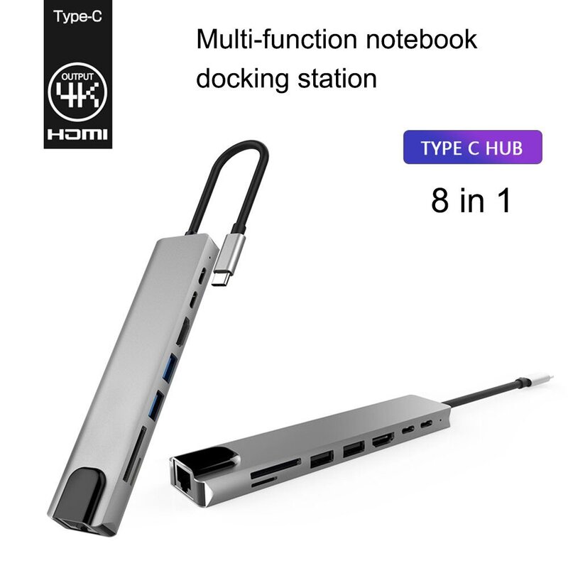 USB 도킹 스테이션 8 in 1 Type-C ~ 4K RJ45 도킹 스테이션 USB 3.0 TF PD 충전기 허브 어댑터 고속 충전기 독 스테이션