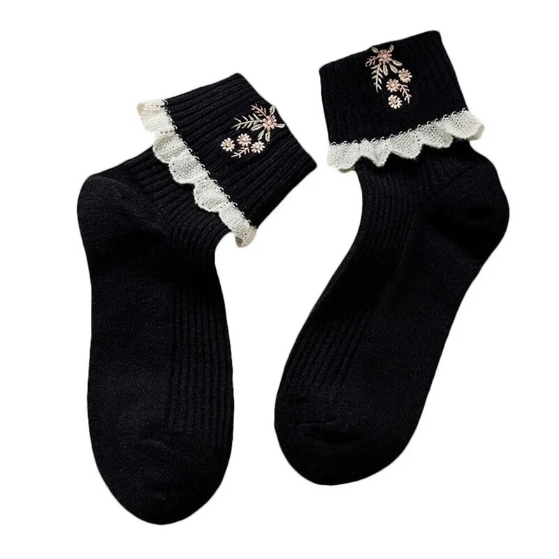 Chaussettes coréennes rétro en dentelle pour femmes, rouleaux, couture Luokou, fleurs brodées, Double aiguilles, Tube, mode douce
