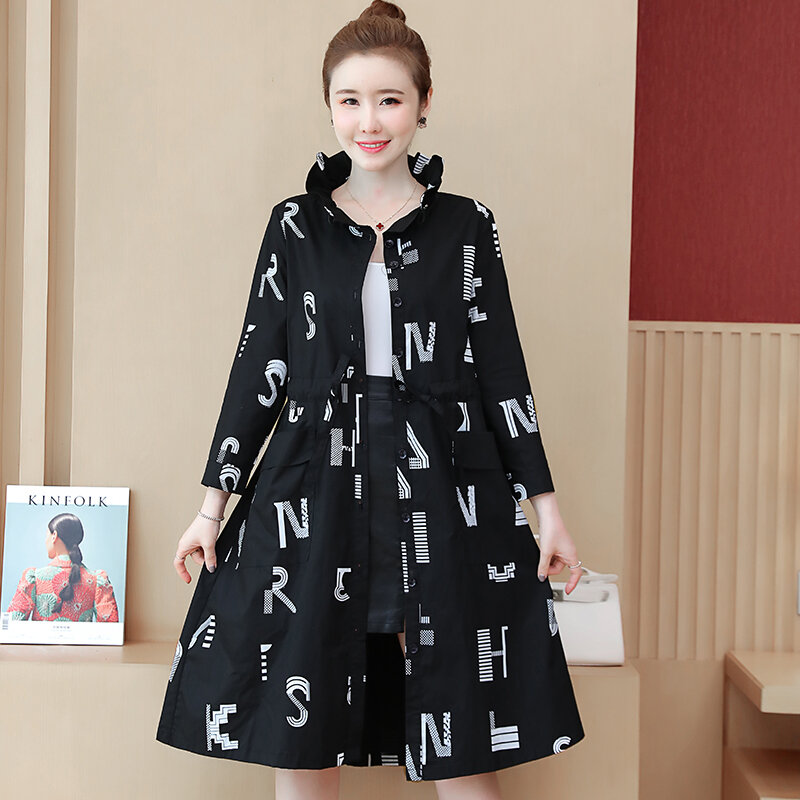 Plus Size Clothes Trench Long Windbreaker Coat Women 2021 Spring Elegant Stand Collar Letter Loose Ladies Outerwear With Sashes