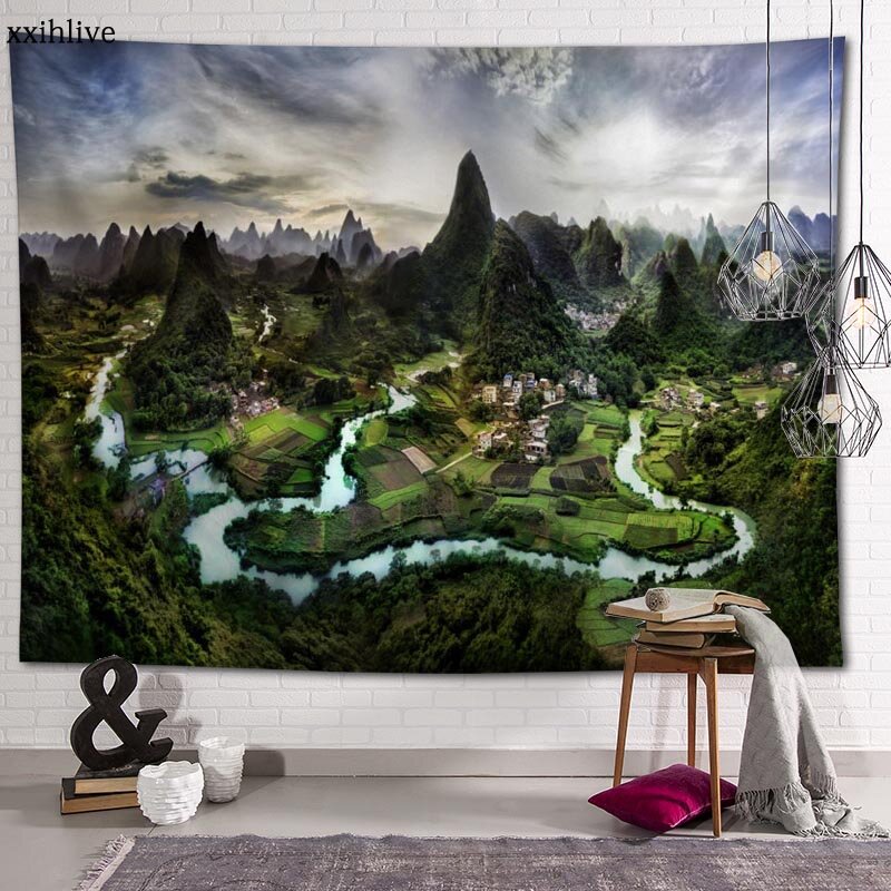 Tapiz personalizado de paisaje de montaña impreso, tapices grandes de pared Hippie, colgante de pared, decoración artística de pared Bohemia para habitación