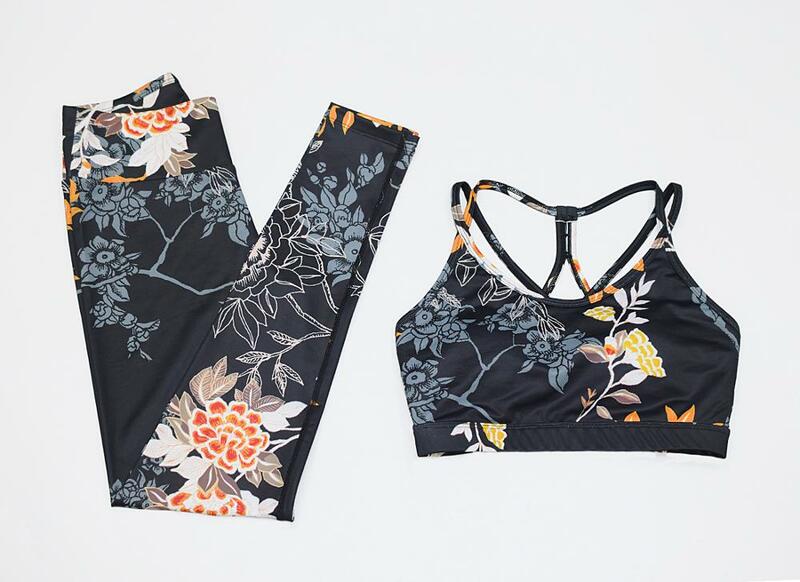 2pcs black Printing flower Running outfits Women fitness Yoga Suits High Waist leggings sports Gym Set workout Sportswear