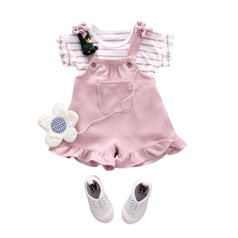 2 Buah Kaus Bayi Perempuan Balita Lucu + Celana Pendek Suspender Pakaian Outing Mode Baru Setelan Set Bayi untuk Bayi Baru Lahir