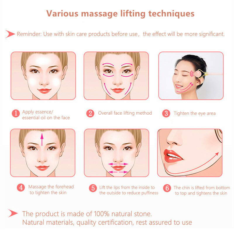 Rodillo masajeador Facial de cuarzo rosa, herramienta para el cuidado de la piel, con piedra 100% Natural, para masaje corporal y estiramiento Facial