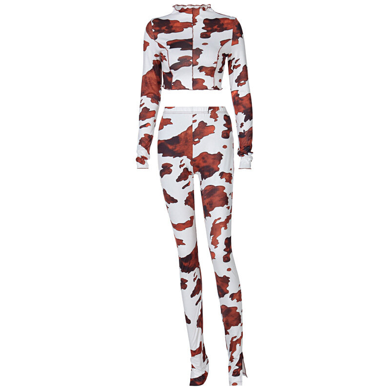 Europe and the United States 2021 spring new anti car side camouflage long sleeve T-shirt split pants casual suit for women